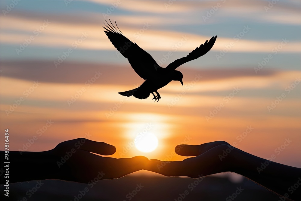 Naklejka premium Bird Silhouette Returning to Hands with Sunlight Framing Beautiful Sunset Symbolizing Freedom and Peace