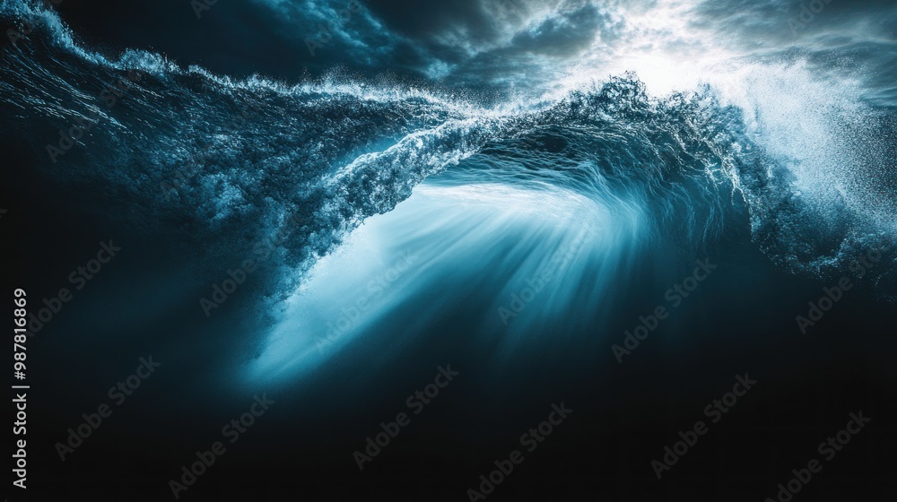 Fototapeta premium A dramatic ocean wave captured in dark blues and light, showcasing nature's power.