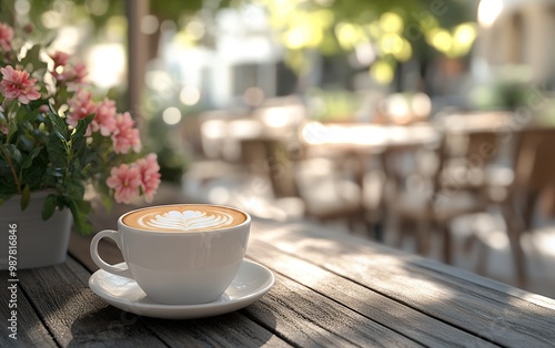 A cup of coffee with latte art sits on a wooden table at a cafe, with blurred background of a patio filled with tables and chairs.