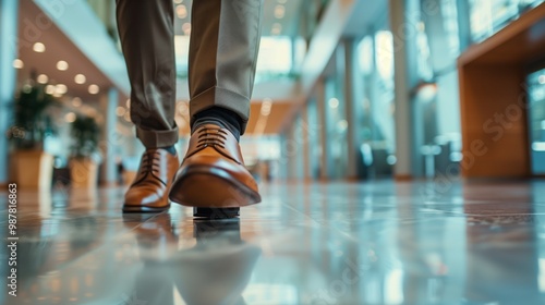 professional stock photo of businessman legs in suit walking with blurred modern office background