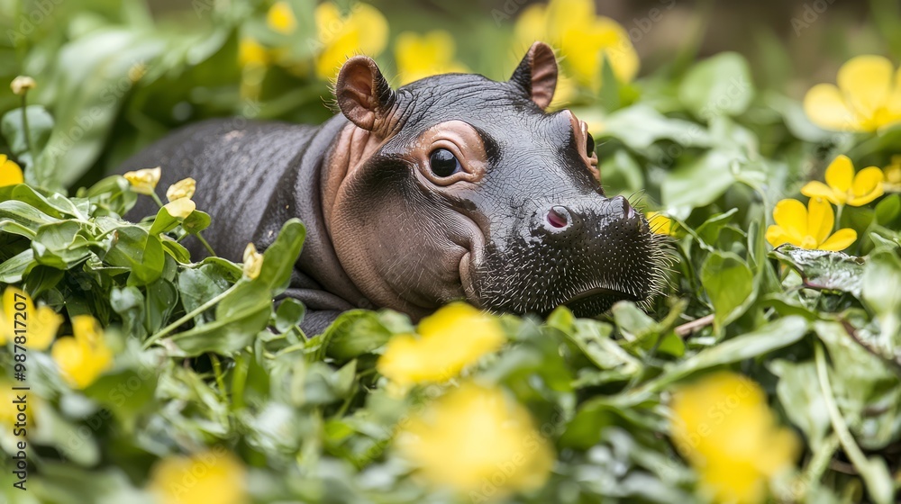 Gentle Baby Pygmy Hippo Resting Among Soft Grass Flowers in Rustling Breeze Gentle Baby Pygmy Hippo Resting Among Soft Grass Flowers in Rustling Breeze