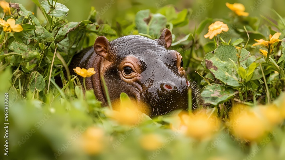 Fototapeta premium Cute Baby Pygmy Hippo Surrounded by Soft Grass Flowers in Gentle Breeze