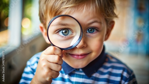 Child holding a magnifying glass to his eye with a cheerful expression in a bright indoor setting