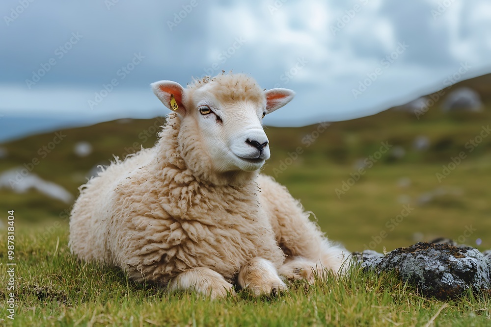 Fototapeta premium White sheep laying in grassy field with hills and cloudy sky in background