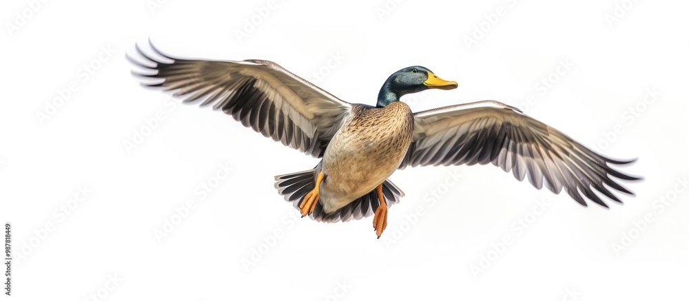Fototapeta premium Mallard Duck in Flight Against White Background