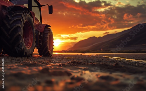 A red tractor stands on a dirt road at sunset. The sun is setting behind the tractor, creating a warm glow in the sky.