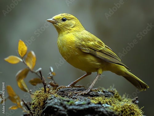 Vibrant Yellow Bird Perched on a Branch in a Forest