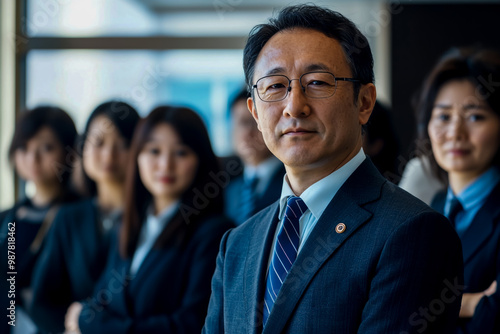 A businessman in a suit stands with a group, facing the camera in a naturally lit office.