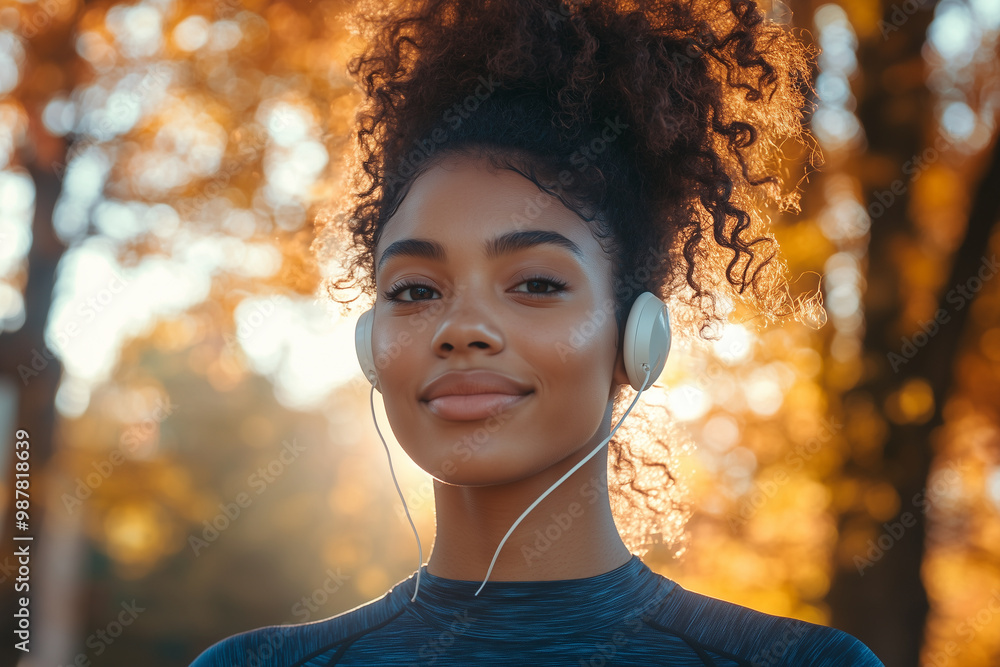 A serene close-up of an attractive African American enjoying music outdoors in autumn sunlight A serene close-up of an attractive African American enjoying music outdoors in autumn sunlight