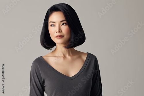 Captivating Japanese Woman in Charcoal Cotton Top with Sophisticated Dark Bob Hairstyle