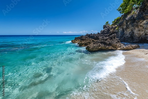 Wallpaper Mural Tropical Beach Scene with Crystal Clear Water and Rocky Coast Torontodigital.ca