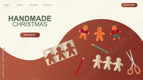 Handmade Christmas Website Design. Festive homemade gingerbread man garland banner. Sustainability concept