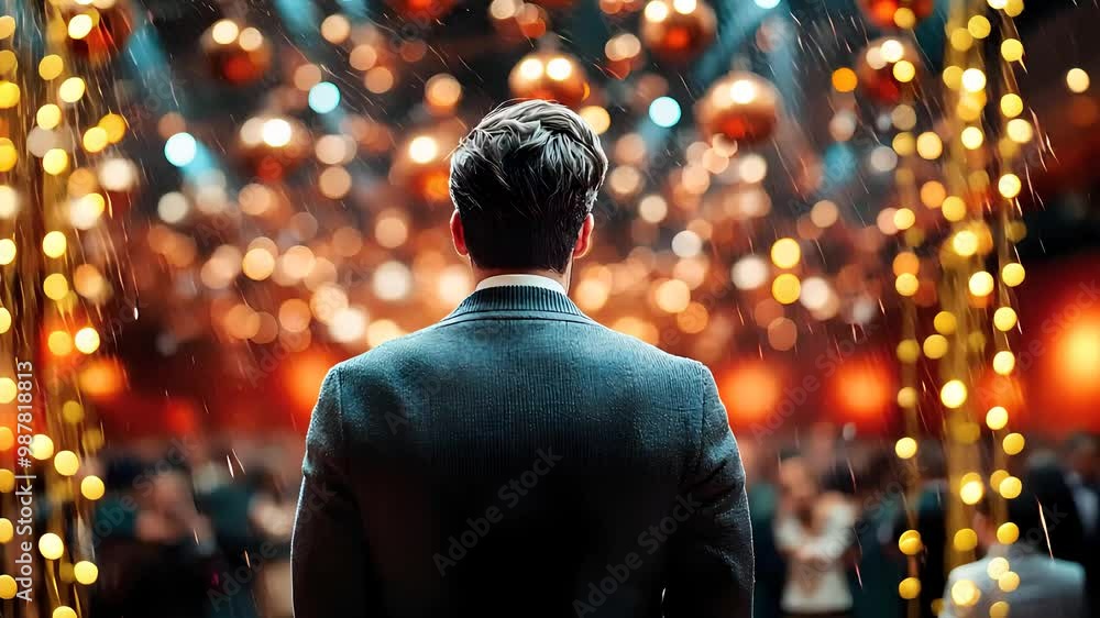 Man in a suit standing at a festive event surrounded by glowing lights and hanging decorations, evoking elegance and celebration.
Man in a suit standing at a festive event surrounded by glowing lights and hanging decorations, evoking elegance and celebration.