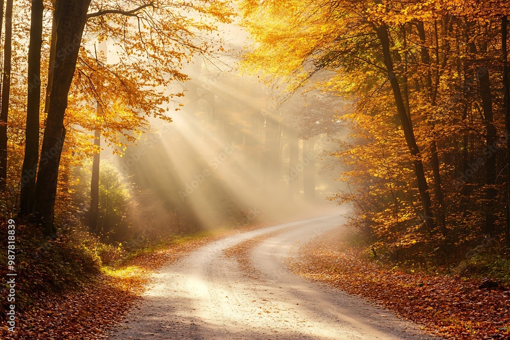 Sunbeams through autumn forest with winding path, nature photography Sunbeams through autumn forest with winding path, nature photography
