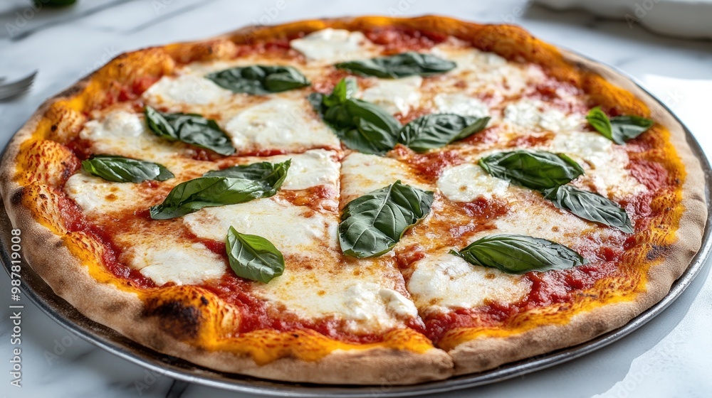 A delicious pizza topped with mozzarella cheese and fresh basil leaves. A delicious pizza topped with mozzarella cheese and fresh basil leaves.