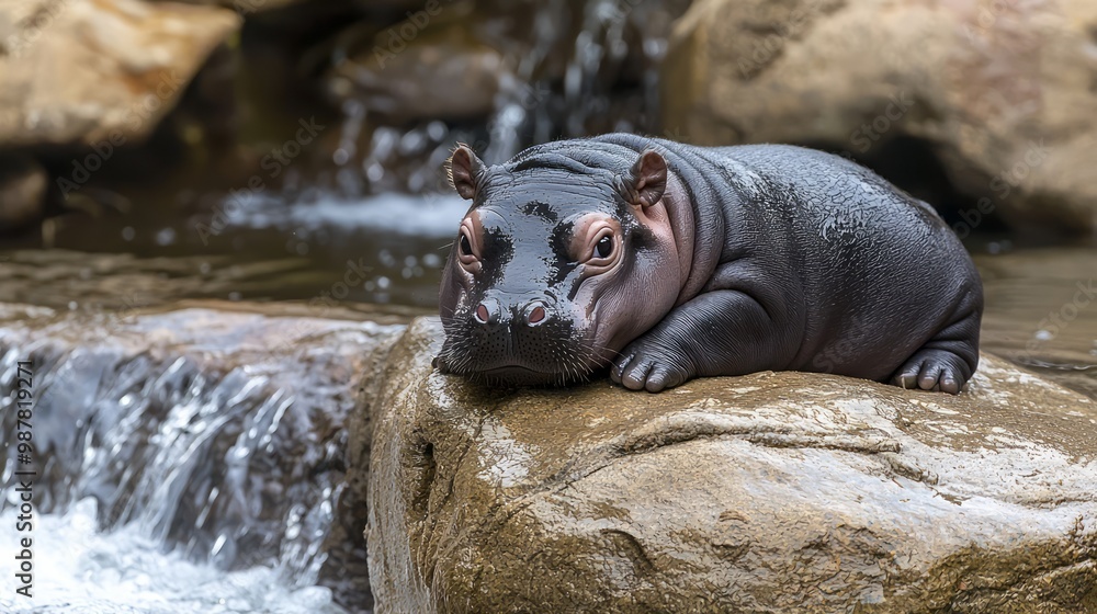 Fototapeta premium Serene Baby Pygmy Hippo Lounging on Rock by Ocean Waves