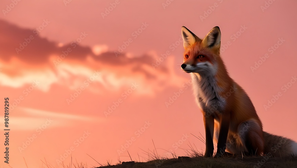 This breathtaking photograph captures a wild fox silhouetted against the vibrant colors of a stunning sunset. The warm glow of the setting sun casts an enchanting light on the scene This breathtaking photograph captures a wild fox silhouetted against the vibrant colors of a stunning sunset. The warm glow of the setting sun casts an enchanting light on the scene