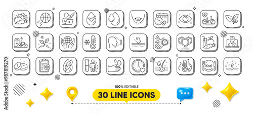 Leaves, Rubber gloves and Juice line icons pack. 3d design elements. Cardio bike, Uv protection, Telemedicine web icon. Vegetables, Basketball, Grow plant pictogram. Vector