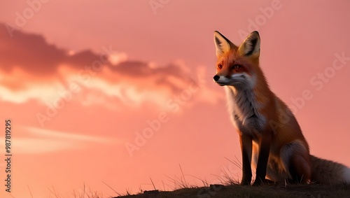 This breathtaking photograph captures a wild fox silhouetted against the vibrant colors of a stunning sunset. The warm glow of the setting sun casts an enchanting light on the scene