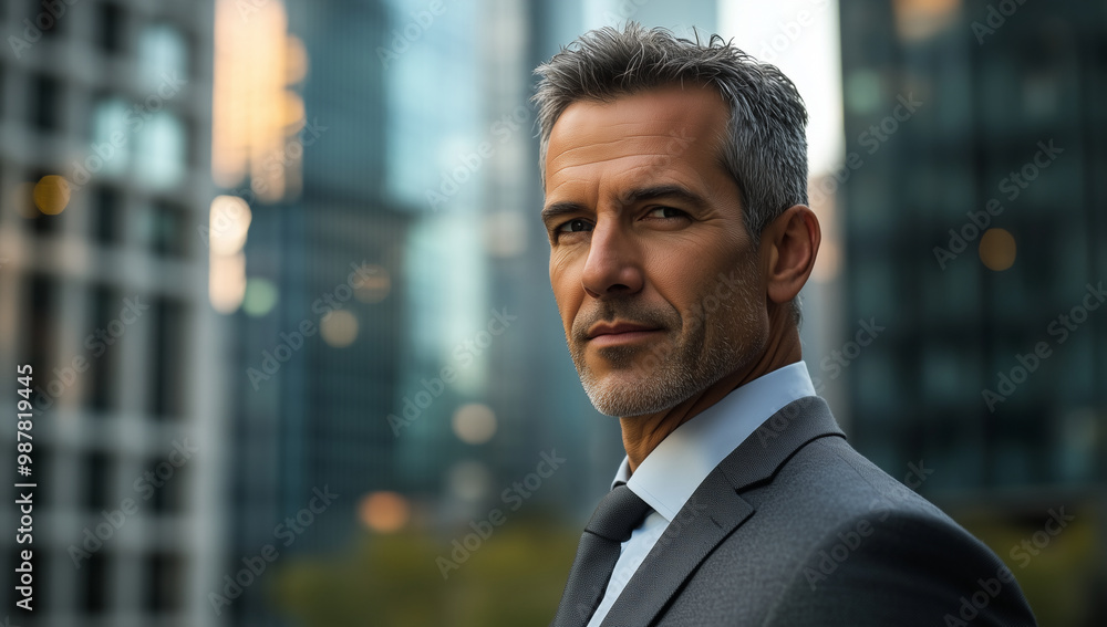 Confident businessman in a modern cityscape during golden hour looking towards new opportunities Confident businessman in a modern cityscape during golden hour looking towards new opportunities