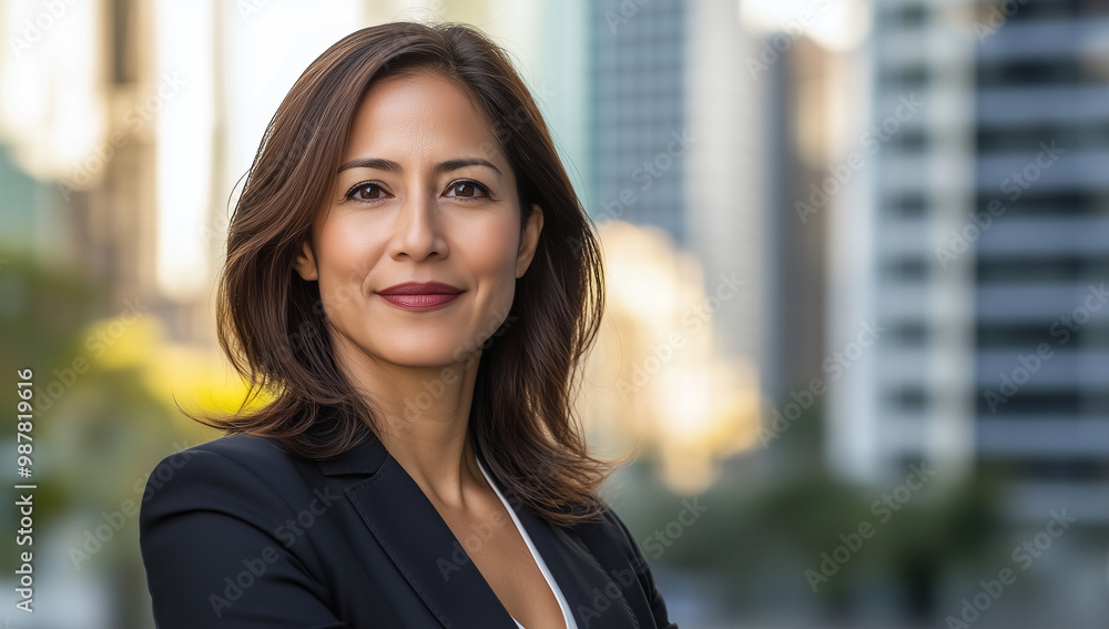 A confident middle-aged Hispanic woman stands in a modern cityscape in golden afternoon light A confident middle-aged Hispanic woman stands in a modern cityscape in golden afternoon light