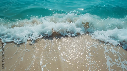 Summertime idea of a clear sea or gentle blue sea wave on a spotless sandy shore photo