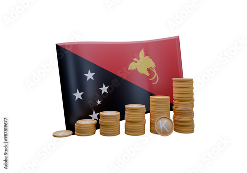 3D render illustration of Papua New Guinea flag and currency called Kina photo