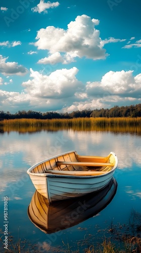 Calm small lake featuring a rustic wooden boat picture