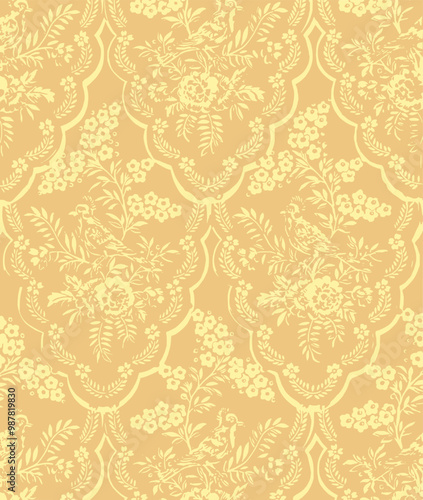 Vintage yellow floral pattern with birds and leaves on a pale orange background.