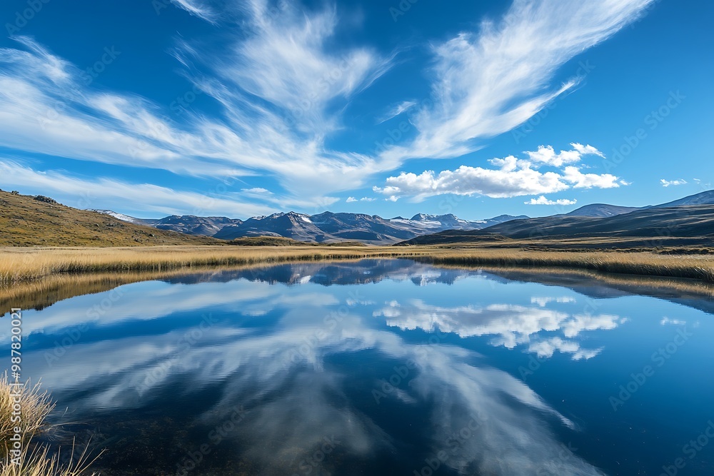 Scenic mountain lake reflecting dramatic clouds in blue sky, nature photography Scenic mountain lake reflecting dramatic clouds in blue sky, nature photography