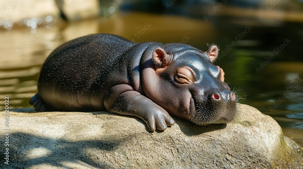 Serene Baby Pygmy Hippo Basking in Sunlight by the Gentle Riverbank