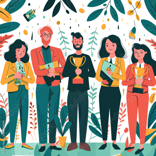 Illustrate a formal award ceremony where employees are receiving trophies