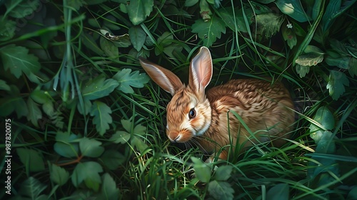 Summertime leaves that a small red eared rabbit eats while lying on lush grass