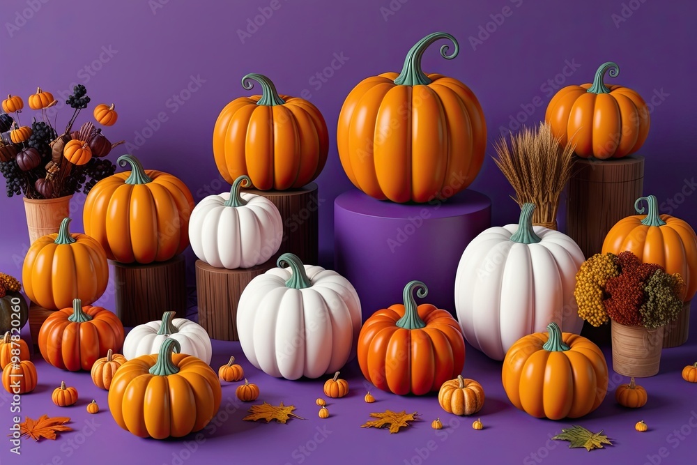 Playful 3D Pumpkins and Fall Harvest Scene on Purple Background for Halloween Festivities Playful 3D Pumpkins and Fall Harvest Scene on Purple Background for Halloween Festivities