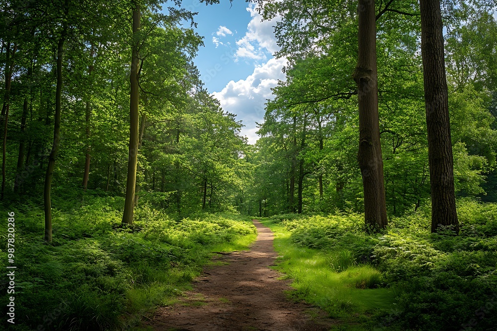 Fototapeta premium Sunbeams Through Trees in Lush Forest with Path, Nature Background