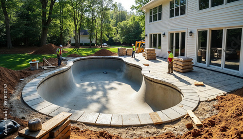 Backyard construction scene of a luxurious swimming pool in a suburban home, showcasing transformation.