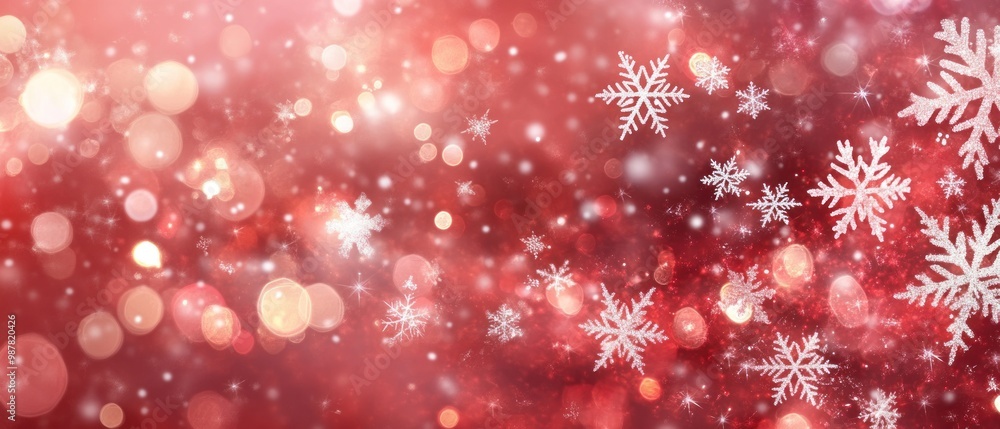 A festive design featuring snowflakes and bokeh effects on a red background. A festive design featuring snowflakes and bokeh effects on a red background.