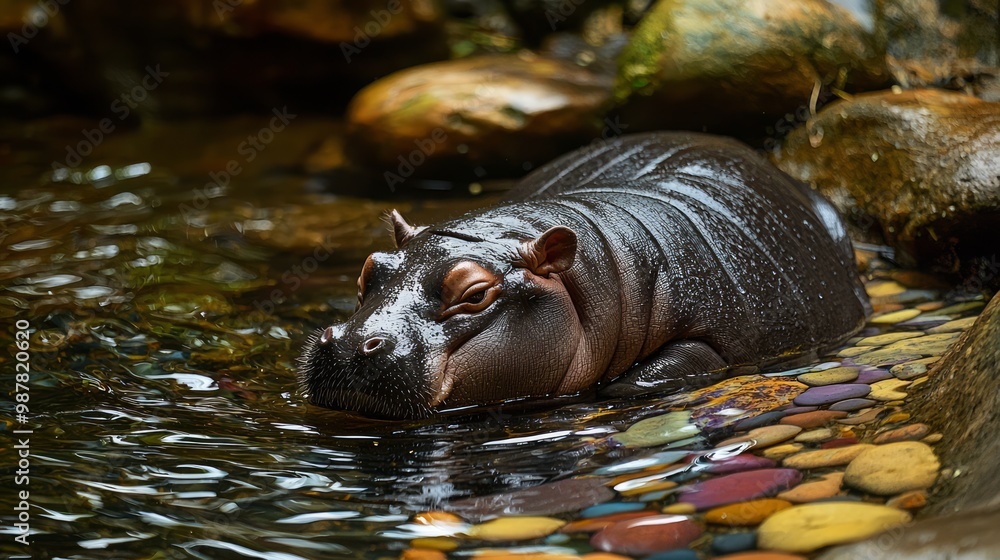 Fototapeta premium Serene Baby Pygmy Hippo Relaxing by a Tranquil Stream with Colorful Stones - Peaceful Wildlife Scene