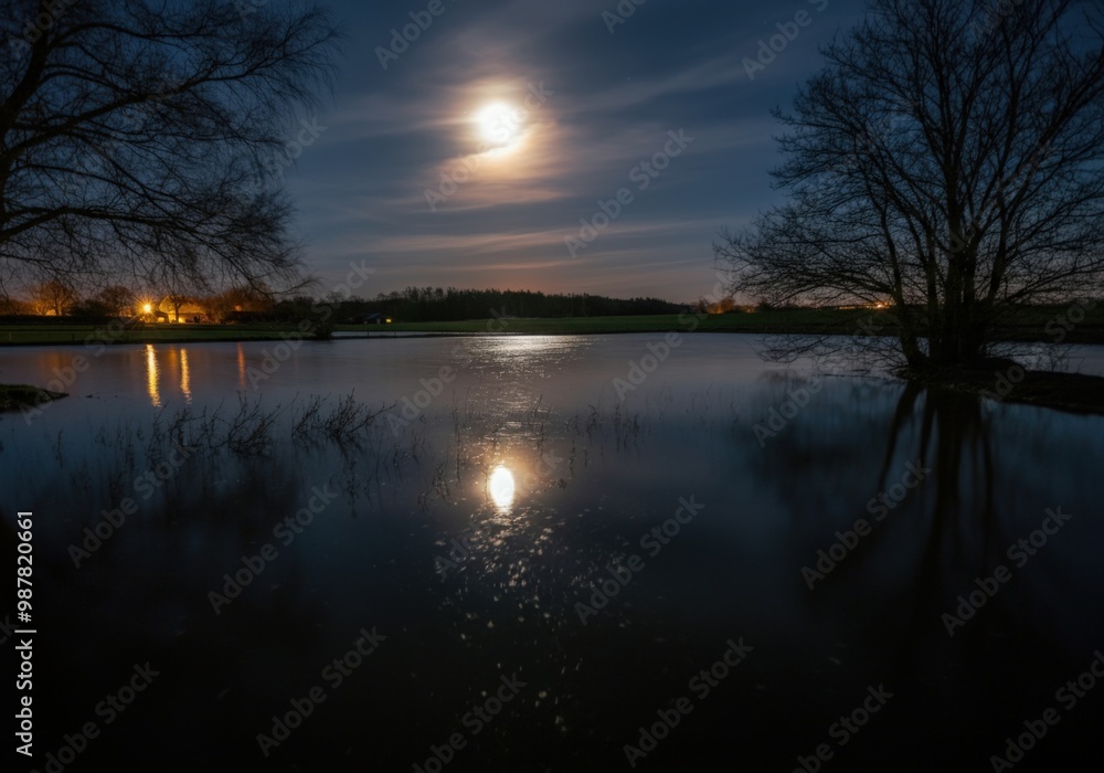 Obraz premium Tranquil Night Landscape with Full Moon Reflection in Water