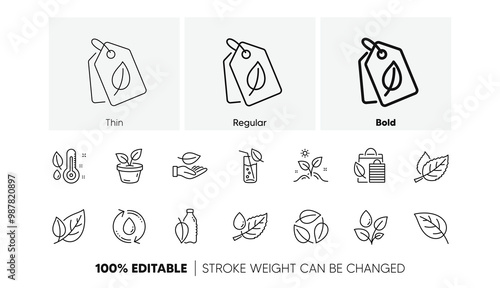 Leaf, Growing plant and Humidity thermometer. Plants line icons. Water drop linear icon set. Line icons set. Vector
