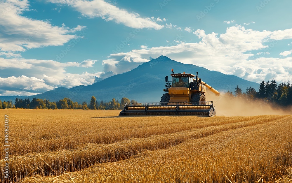 Fototapeta premium A combine harvester works in a field of wheat in a rural landscape with a mountain backdrop.
