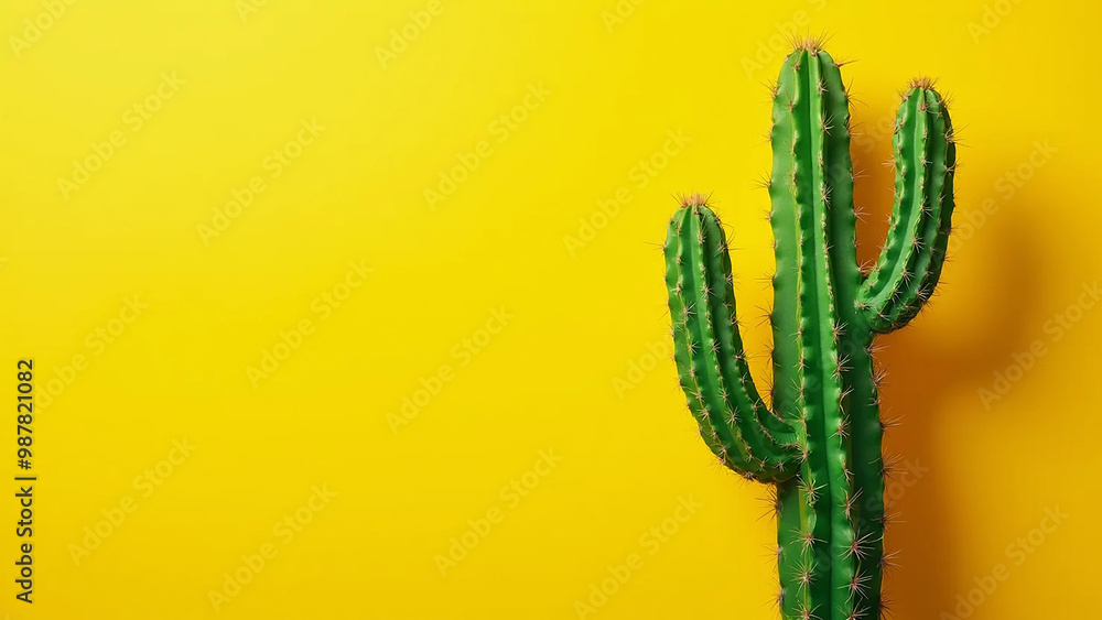 Green cactus on yellow background, widescreen 16:9, 300 dpi, with free space for text