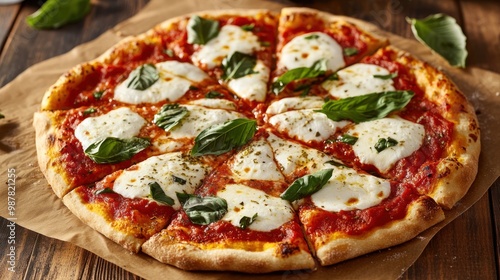 A delicious pizza topped with mozzarella, basil, and tomato sauce, served on a wooden table.