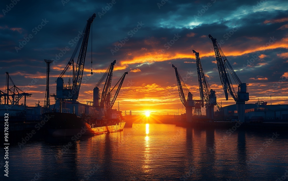 Fototapeta premium Silhouetted cranes stand tall against a fiery sunset over a harbor.