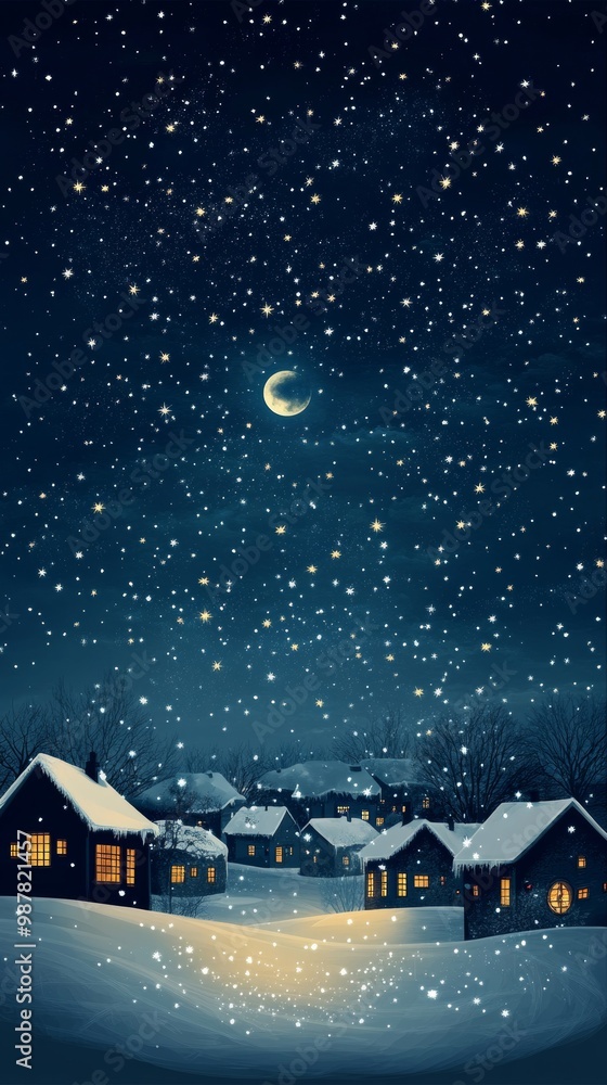 Fototapeta premium Starry Night: Dreamy Christmas Banner with a Quaint Village and Copy Space