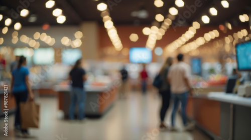 Blurred view of the interior of a supermarket with fuzzy figures of customers and shelves filled with goods. Focus on bokeh effect, highlighting the lively atmosphere of the retail space