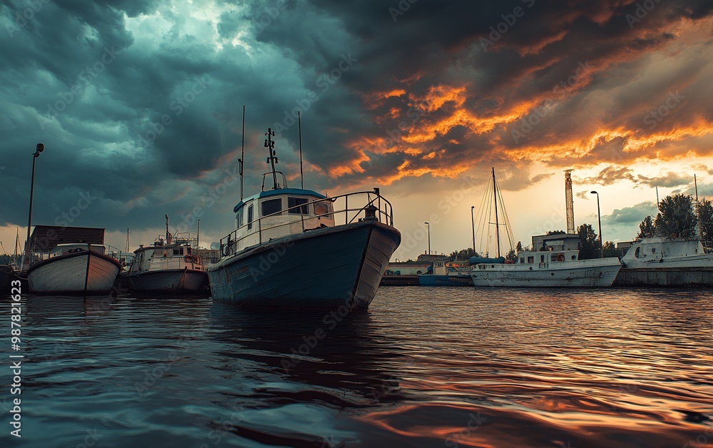A small fishing boat is moored in a harbor at sunset, with dramatic clouds overhead. A small fishing boat is moored in a harbor at sunset, with dramatic clouds overhead.