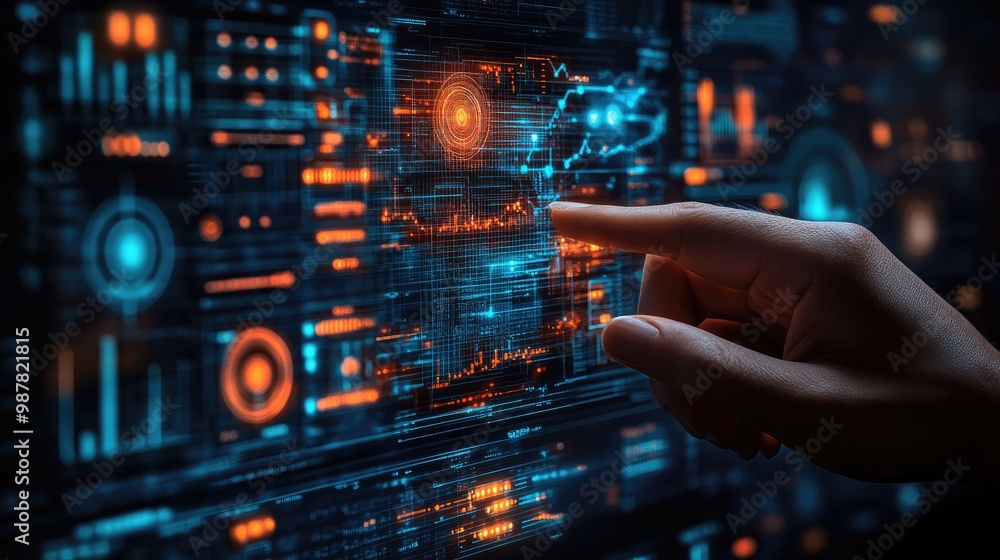 Hand Interacting with Futuristic Digital Interface Displaying Holographic Data and Analytics Hand Interacting with Futuristic Digital Interface Displaying Holographic Data and Analytics