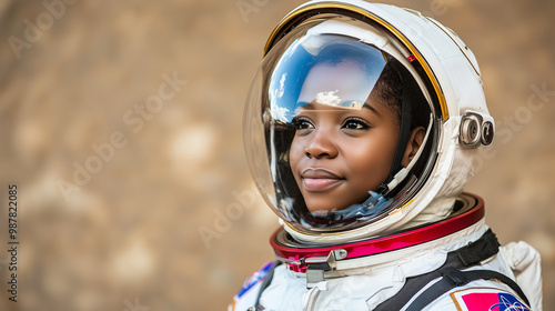 A young black woman astronaut looks up in her spacesuit.