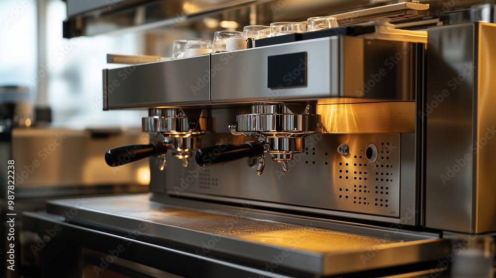 Elegant espresso machine brewing coffee in a modern café setting during the morning rush Elegant espresso machine brewing coffee in a modern café setting during the morning rush